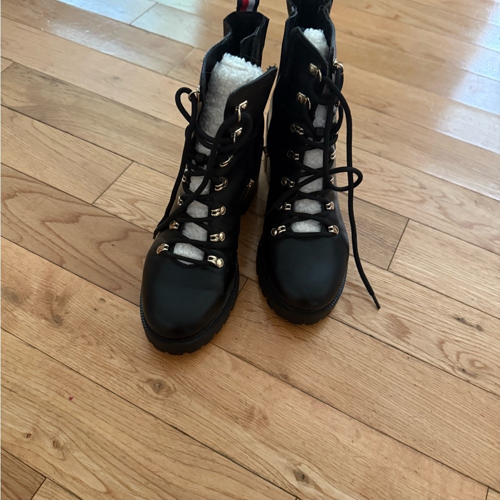 Tommy Hilfiger Black Combat Boots with Gold Accents